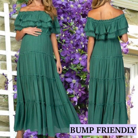 PinkBlush Green Off Shoulder Eyelet Tiered Maternity  or Everyday Dress Size L - Picture 7 of 9
